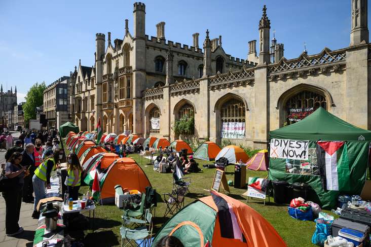 The pro-Palestinian student encampment outside King's College on May 08, 2024 in Cambridge, England. (Getty Images)